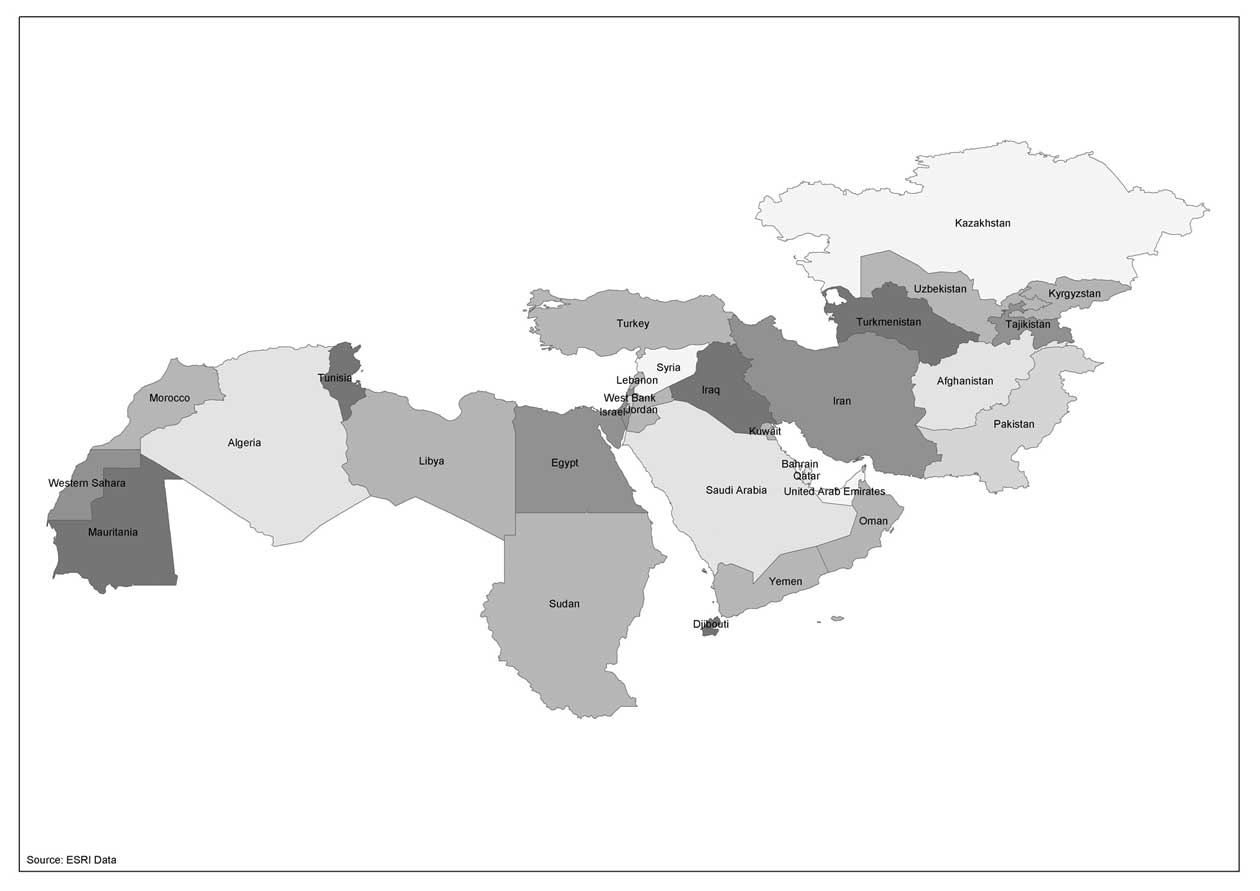 Figure 1-1. The CWANA region: a) countries;